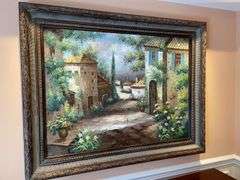 Dining room. Framed large oil painting on canvas. 58 x 47”. Depicting Italian village Street.