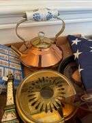 Dining room. Two trays of collectible miscellaneous. Soviet style pins. Unique mini chest. And more.