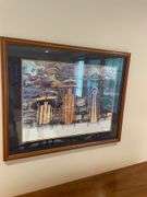 Sled print framed and matted under glass approximately 34 inches wide