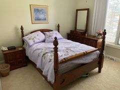 Pennsylvania house queen bedroom set. Includes queen size bed frame mattress. Standing dresser. Dresser with mirror. Nightstand.  and miscellaneous.  Linens. Clean pet free home