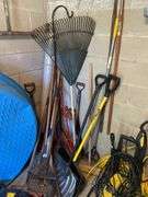 All hand tools in corner of garden room. Nice pitchfork, shovels, great items. All for one money.