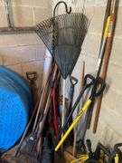 All hand tools in corner of garden room. Nice pitchfork, shovels, great items. All for one money.