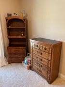 Quality twin bedroom set. Two single beds with frame and Sealy Posturepedic mattresses and bedding. Matching dresser, nightstand, bookshelf cabinet. Includes lamp on nightstand and miscellaneous items in drawers and shelves.
