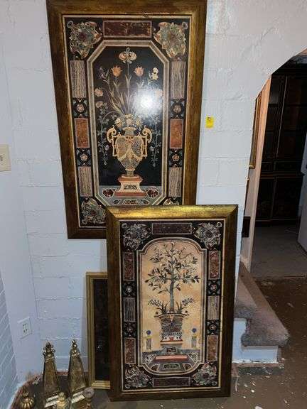 Two Asian panel decor pieces and equestrian print under glass
