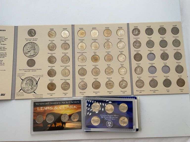 The 50 state commemorative quarter series booklet almost filled. Including Westward journey, Nichol series, Lewis and Clark. United States mint proof set.