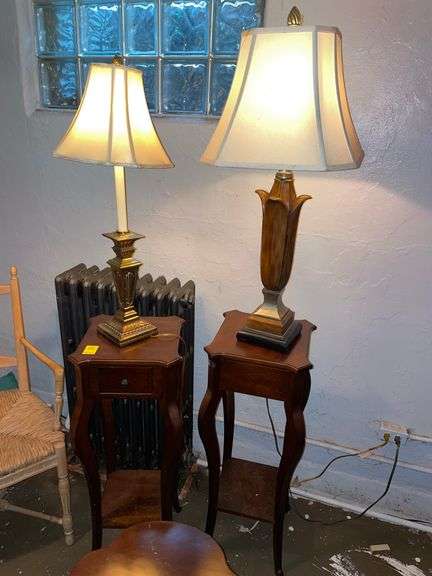 2 Bombay style plant stands with drawers lamps include