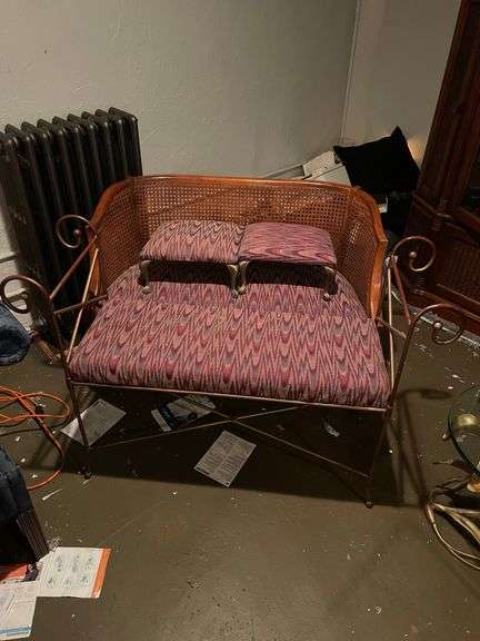 Unique cane back bench, wire bench, and small stools. Basement