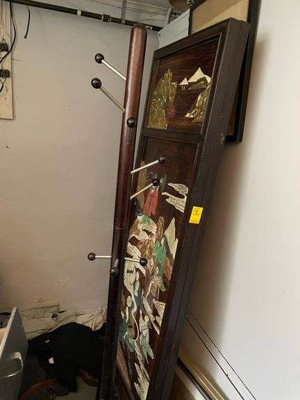 Asian room divider, coat rack, and miscellaneous prints.