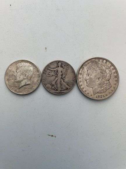 1964 JFK half dollar. 1946 walking liberty. 1921 piece dollar.