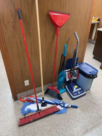 Large lot includes miscellaneous, brooms, and sanitary, professional sweeper.