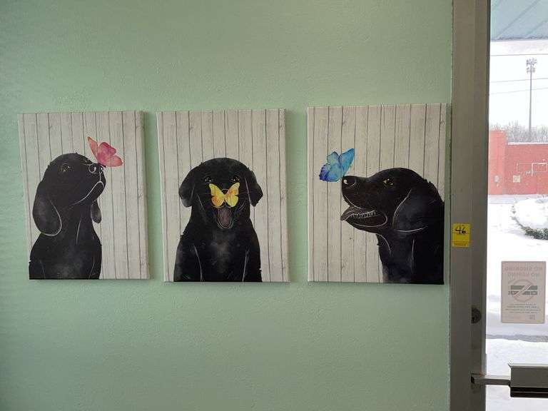 Three canvas prints of puppy with butterfly