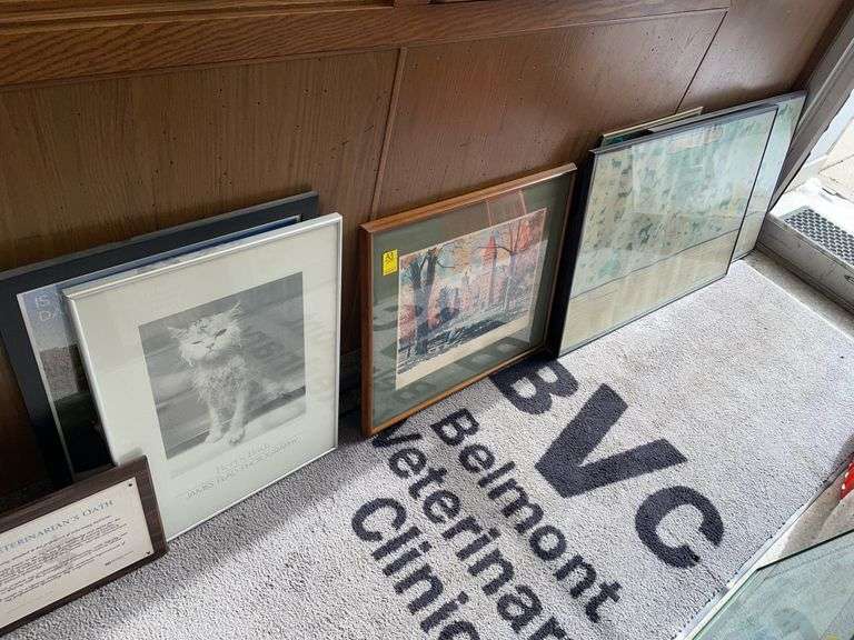 Vintage framed posters, including Ohio State and Katz and dogs of the world