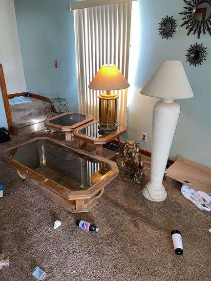 Large selection of furniture includes mirrors on the wall. This furniture needs wiped down. It’s a bit rough.