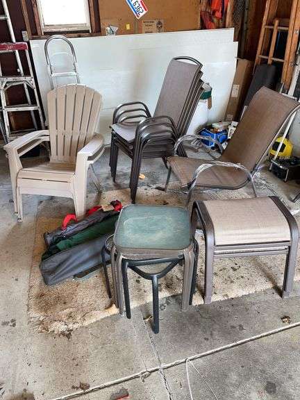 Lot includes four newer, stacking chairs, rocking chair appears new. Side tables, two plastic Adirondack chairs, and collapsible chairs all for one money.