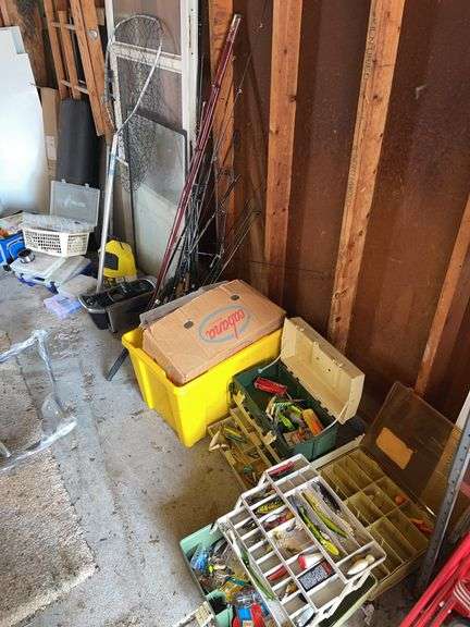 Large lot of fishing poles, vintage lures lots of value,  fryer, tackle, Net. All for one money.