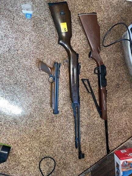 Three air guns. The top gun that has a lever action does not hold air. The middle gun is a Breich loader that is very powerful and the pellet pistol does hold air. All for one money.