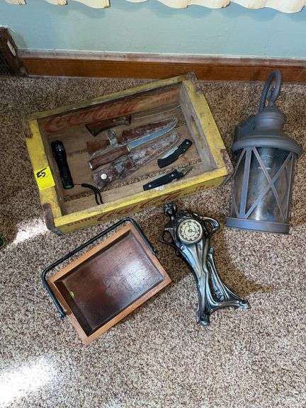 Vintage Coke crate, newer, outdoor light, bronze clock, two very nice fillet knives.