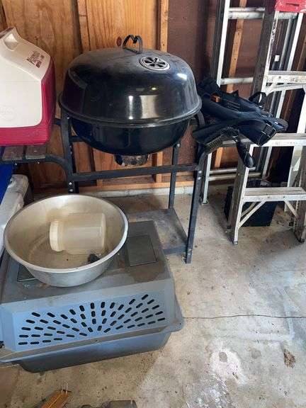Newer, charcoal, grill, four coolers, pet carrier and large water bowl