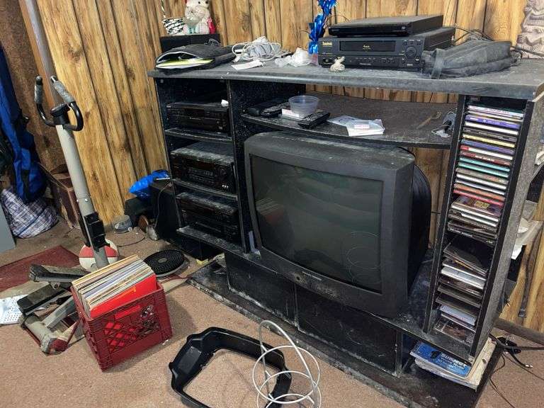 Wall of electronics, speakers, albums, computer monitor. Take what you want leave the rest. There is some mildew on these items, but most of the equipment is Sony.