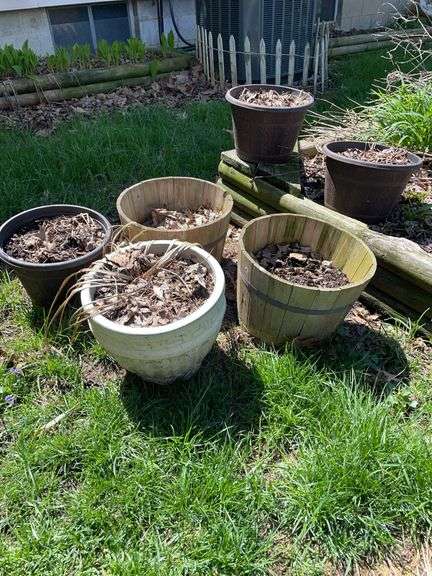 Backyard. Six planting pots near Raised bed garden.
