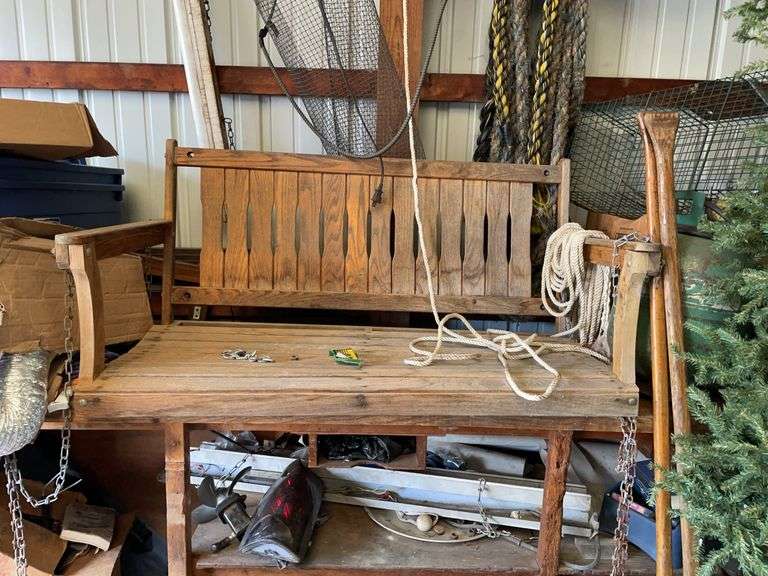 Vintage oak hanging porch swing approximately 55 inches wide