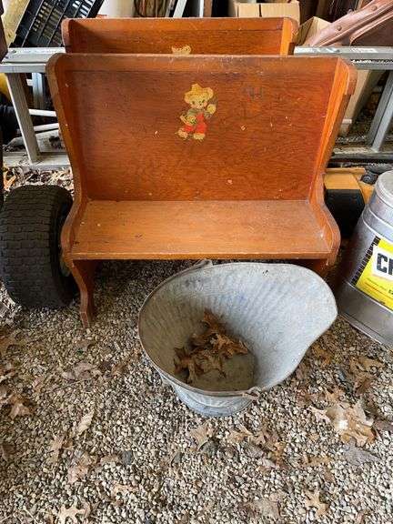 Two vintage child, benches, and ashcan