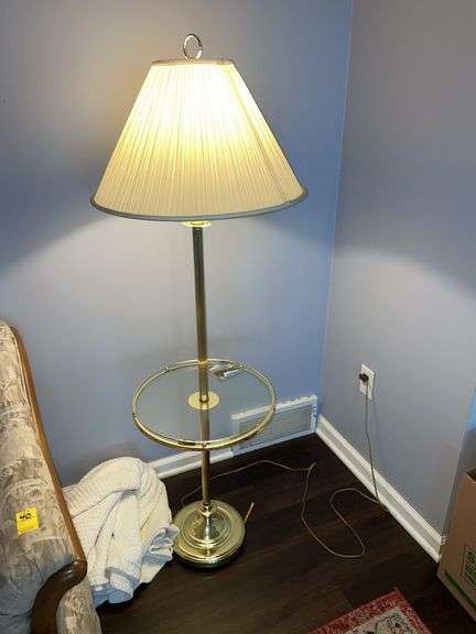 Side table lamp combo in den. Lamp is approximately 59 inches tall and table is 16 inches wide.