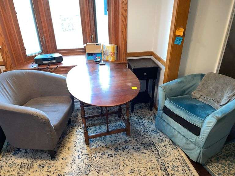 Kitchen. Small oval table 44 inches wide with two upholstered chairs. One swivels and small side drawer. All for one money.