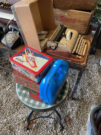 Underwood, upstroke, typewriter, vintage metal stool, lunch pails