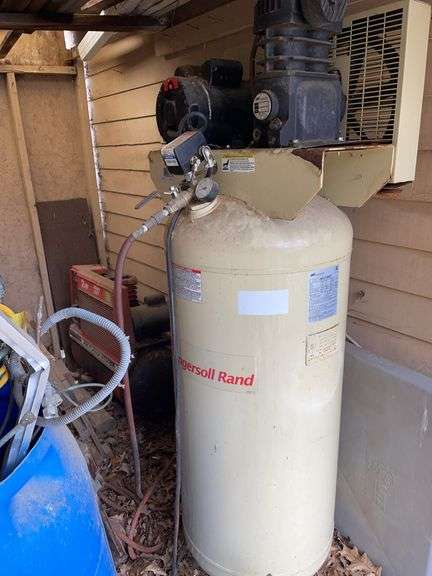 Heavy duty 2 hp compressor and Ingersoll Rand model CBV115587 appears to be 5 hp 60 gallon.  Single phase. Runs and holds air. Plus additional smaller compressor not tested