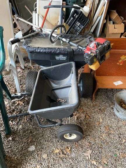 Walk behind drop spreader, pool behind drop spreader, and home light trimmer all for one money