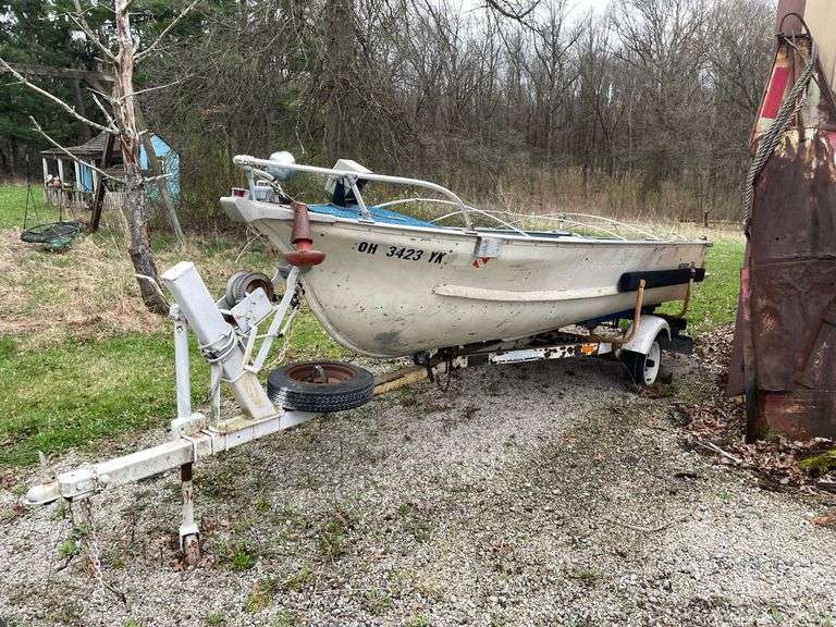 15 foot deep V Meijer aluminum boat with Sholander trailer. Assume 2 inch ball ￼