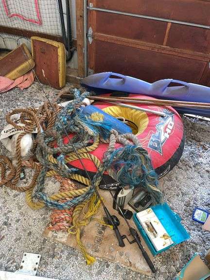 Barn. Large lot of nautical includes rope, bumpers, some tackle. Includes Metal practice net on back wall.