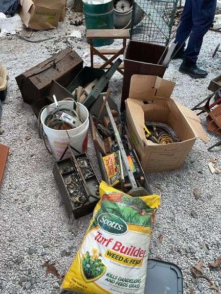 Barn Vintage tools and carpenters box, live trap, turf builder