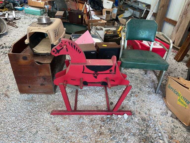 Nice selection of household includes wooden, child’s rocker, pet carrier, speakers
