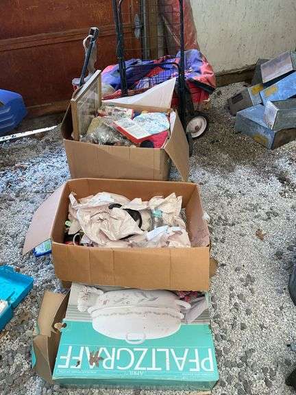 Large lot includes vintage wagon, grocery pool cart, miscellaneous household.