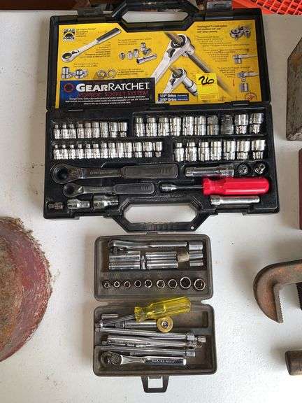 Pole, barn, gear, ratchet, socket, set, and small socket, set both in cases