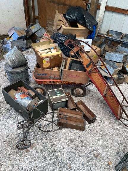 Barn. Large lot includes vintage sled, pop, crates, ash, cans, metal planter.