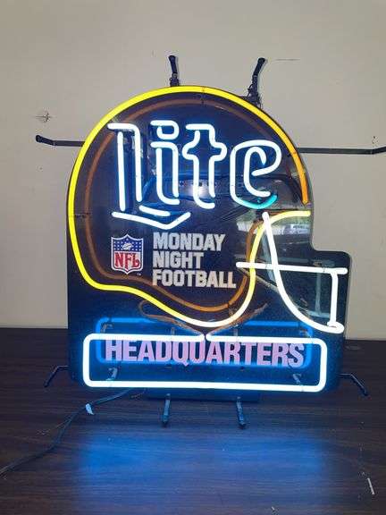 Miller light Monday night football headquarters neon sign. Approximately 27 inches tall and 24 inches wide.