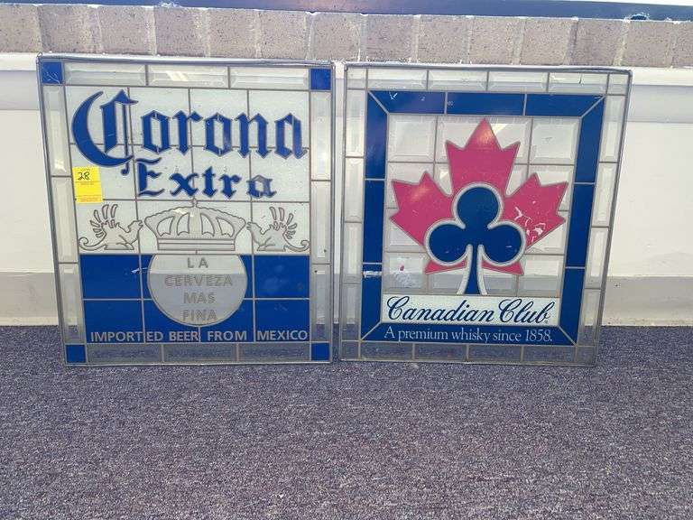 Front. Glass plated, Canadian club and corona hanging signs. Approximately 18 x 16”