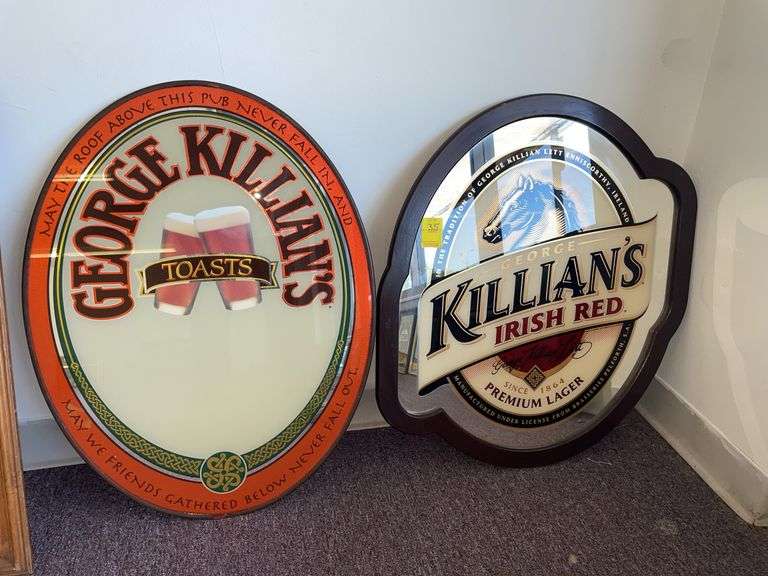 George Killian’s Irish beer signs. Approximately 27 inches tall and 21 inches wide.