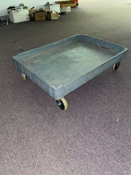 Gray rolling cart. Approximately 37 inches long by 25 inches wide and 10 inches tall.