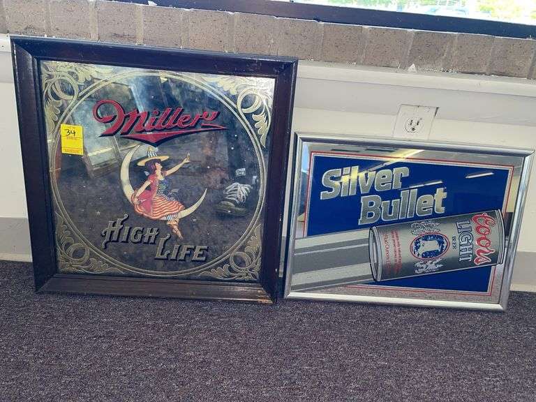 Miller highlife and Coors light mirrored signs. Miller is approximately 18 x 18”.