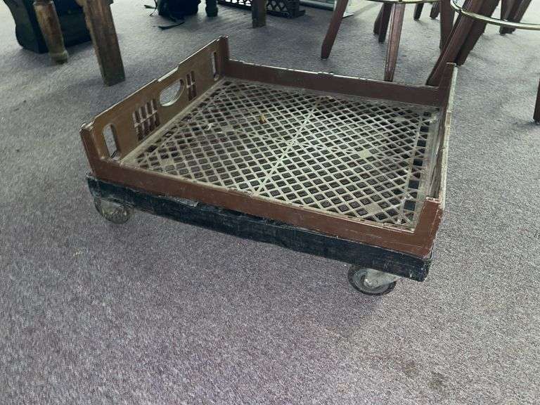 Rolling cart with brown bread tray insert. Approximately 27 x 26”.