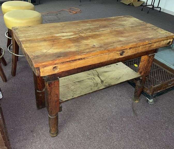 Rustic vintage pine cutting table. Approximately 50 inches long 25 inches deep and 34 inches tall. Well-made pretty heavy bring help to remove ￼