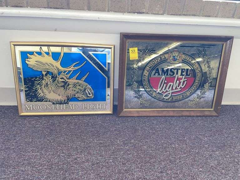 Moose, head light and Amstel light mirrored hanging signs. Moose head is approximately 17 x 13”.