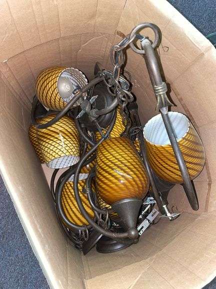 Hanging light fixtures with hardware and wiring. Light shades are approximately 6 inches tall.