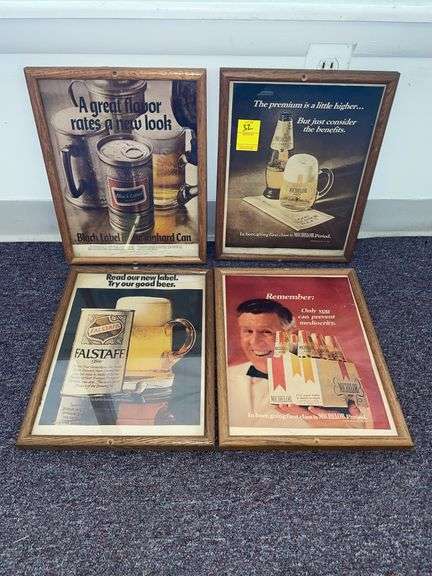 Lot of four vintage beer, signs featuring Michelob, black label and falstaff. These framed prints are approximately 11 x 14”.