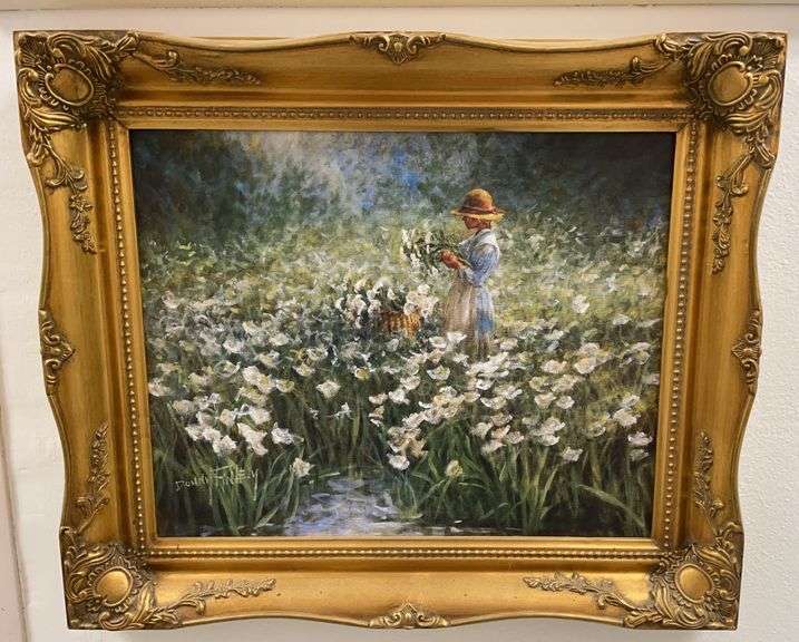 "Cahaba Lilies" by artist Donny Finley. Oil Painting. With ornate frame. Actual 19 x 16” overall 25 x 21” approximately.