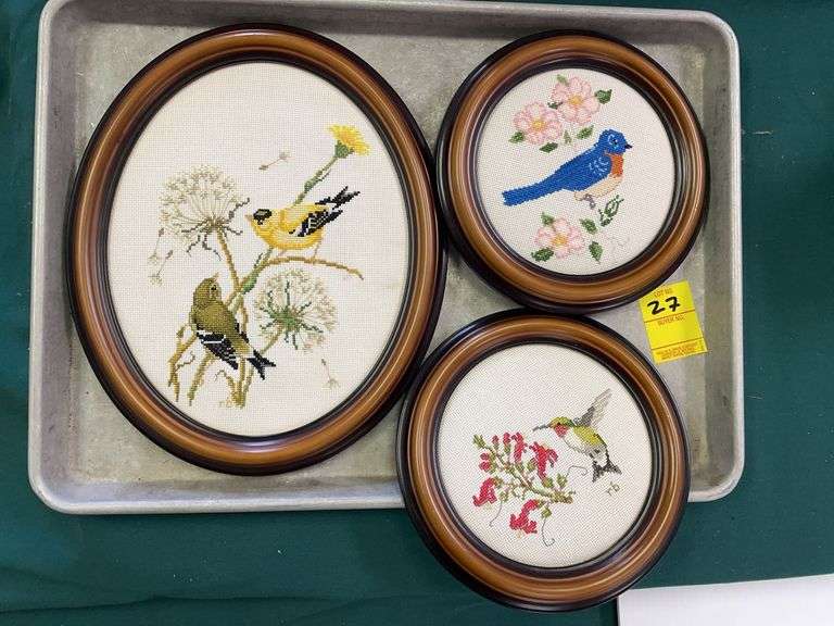 Three decorative woven hand stitched bird art pieces. The largest being 11 inches tall and the smaller ones approximately 7 inches tall.